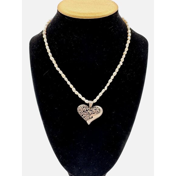 Vintage Sterling Silver 925 Filigree Heart Pendant With Small Fresh Water Pearls - Picture 1 of 6